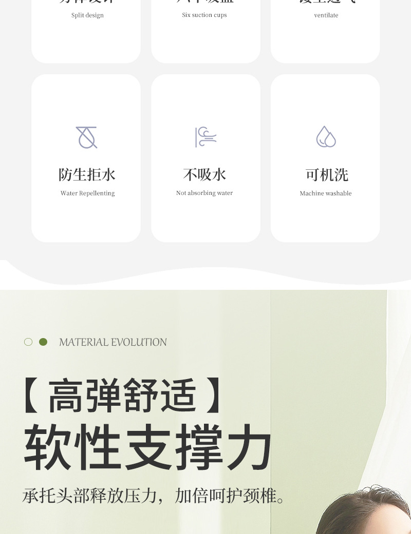 Bathtub pillow, backrest pad, bath companion, headrest, waterproof and anti-slip seat pad, waist support, shoulder and back support, bathroom neck guard Specification drawing