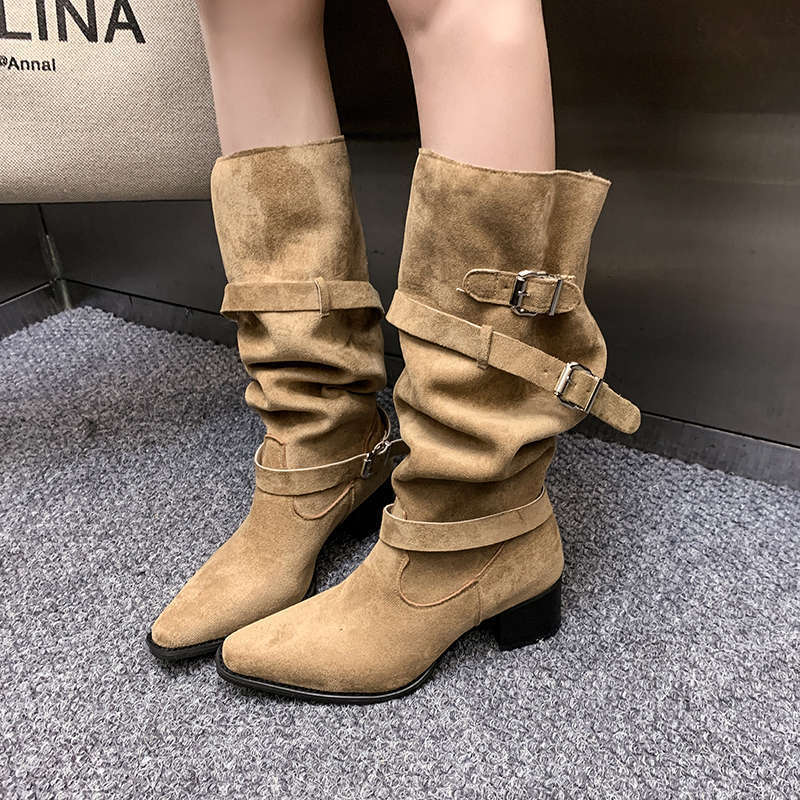 Pointed Toe Boots for Women, Thick Heels, Slim Pleated Pile Boots for Women, 2025 Spring & Fall Khaki Suede Over-The-Knee Boots