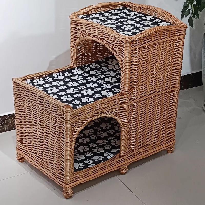 Casa de verano universal de cuatro estaciones de ratana trapezoidal tejida felina de cachorro tejida de sauce de doble capa desmontable y lavable para mascotas