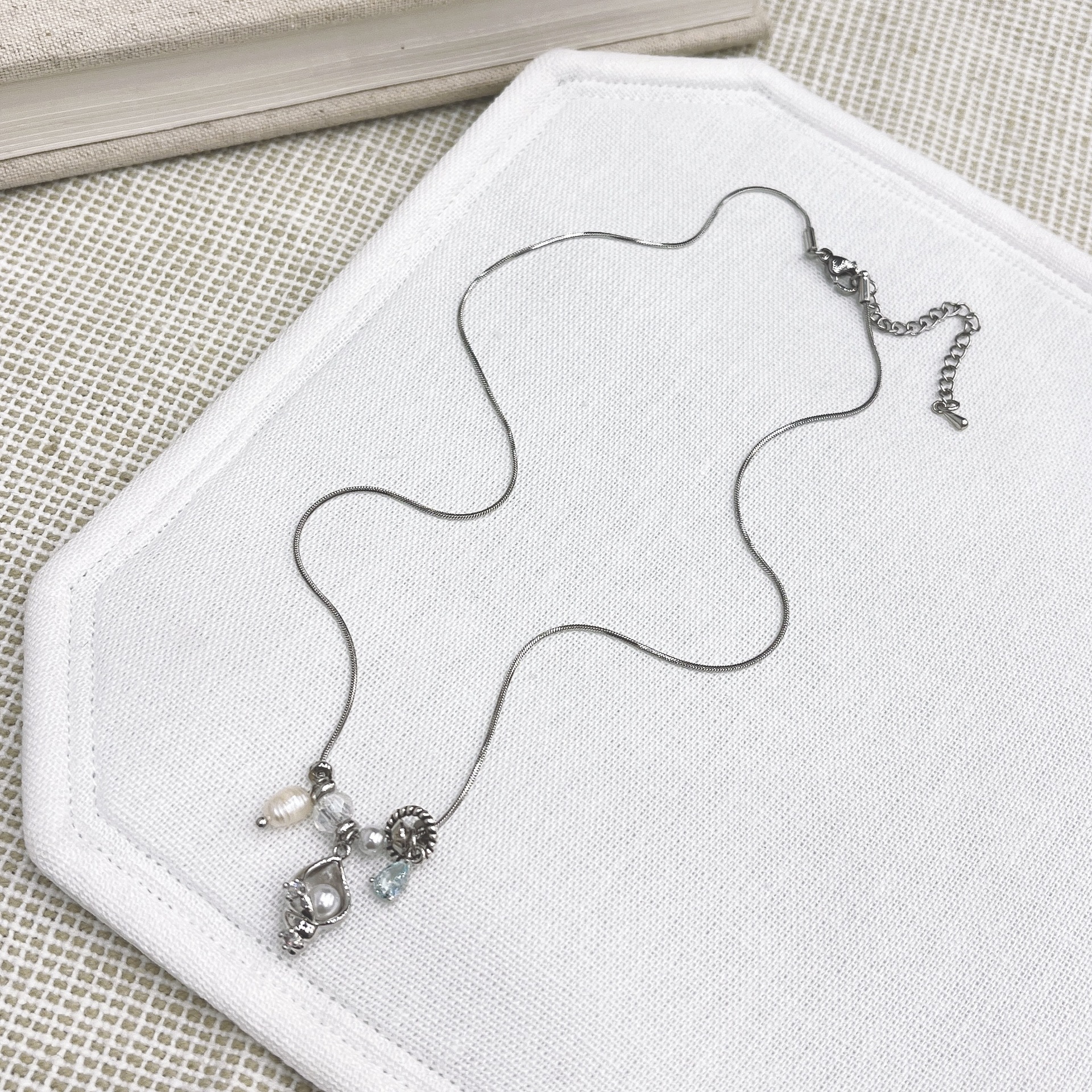 N1635 진주 소라 멀티 서클 펄 블루 지르콘 워터 드롭 스네이크 체인 목걸이