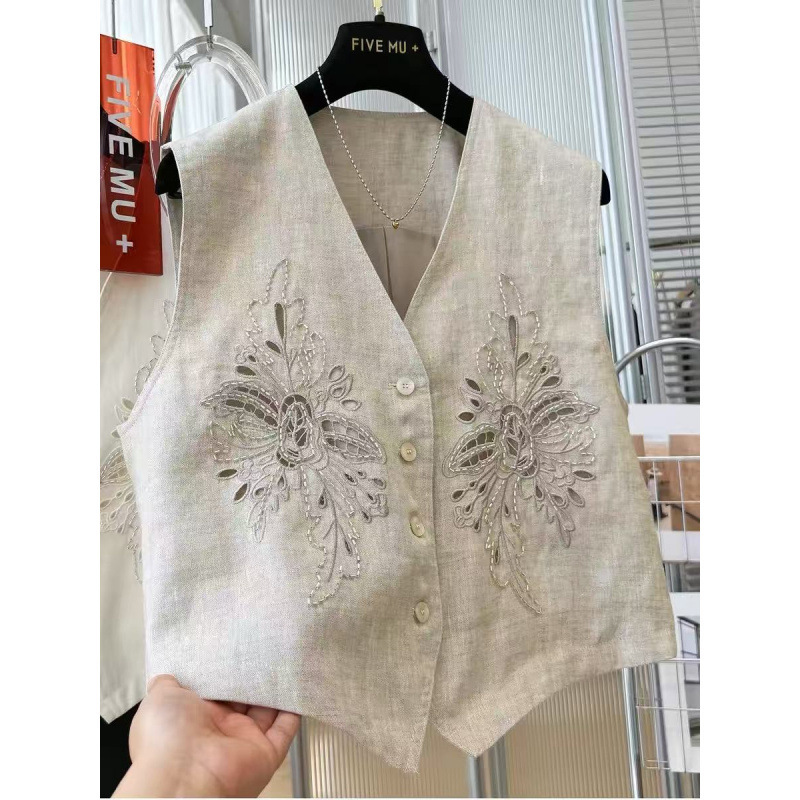 New Chinese-Style National Style Heavy-Duty Hollow-Out Beaded Embroidery Linen V-Neck Vest for Women, Spring and Summer Outerwear