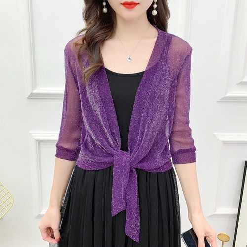 Gold and Silver Thread Shoulders for Women, Summer Fairy Network Gauze Small Overcoat, Simple Cardigan, Short Sleeve Korean Style Women's Shoulders