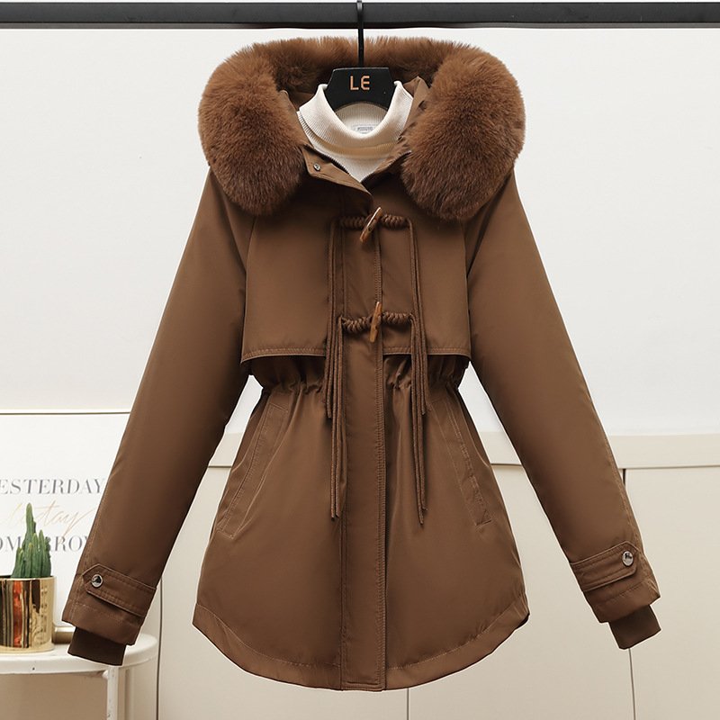 El comercio exterior superó el vello grueso plumón chaqueta de algodón para mujeres de estilo largo estilo coreano de otoño y invierno cintura con capuchón chaqueta de algodón