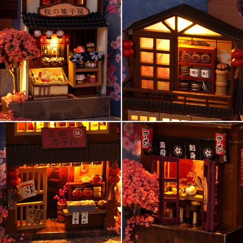 Cross-border diy cabin 3D three-dimensional assembled wooden bookend model toy cherry blossom nostalgic decoration Valentine's Day gift
