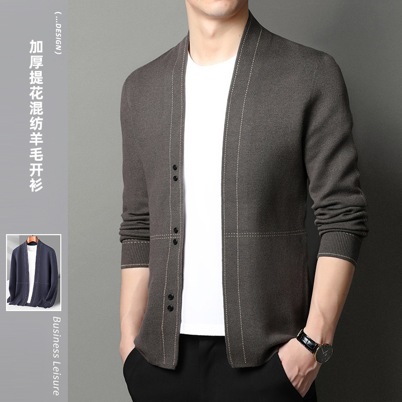 Autumn and Winter Men's Long-Sleeved Knitwears, Thickeneded Blended Wool Cardigans, Autumn Clothes, Fashionable Slim V Neck Jackets