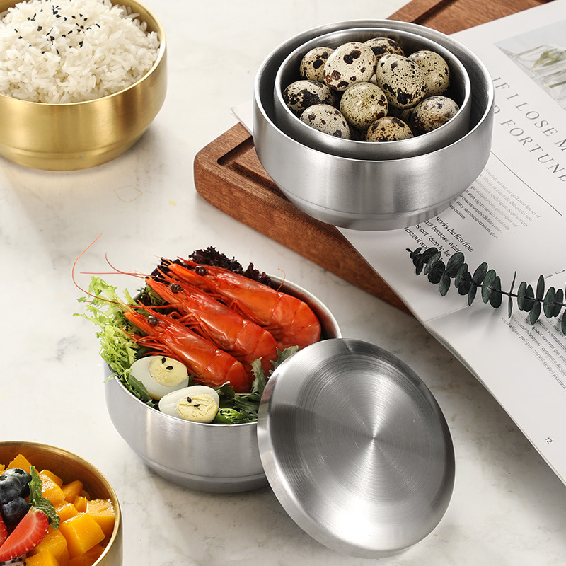 304 tazón de arroz coreano de doble capa de acero inoxidable dorado con tapa tazón de sopa para niños del hogar anti-escaldado burbuja de cocina de Corea del Sur