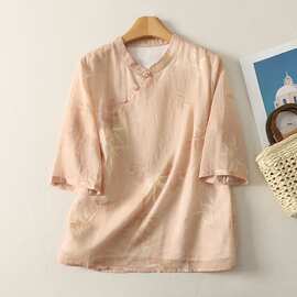 实拍 中式苎麻印花斜襟立领珠扣复古衬衫棉麻女装短款禅意上衣