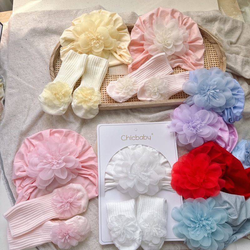 夏用薄手ベビー帽子と靴下セット新生児フォンタネルボウヘアバンドソックス胎児キャップ3点セット|undefined
