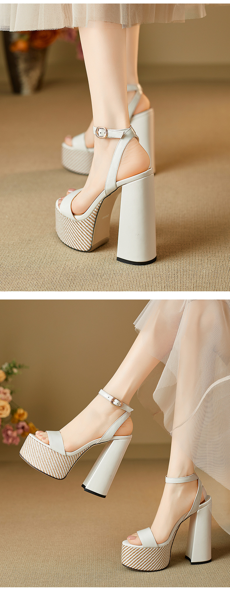 Sandal hở mũi một dây Yichuan da thật gót vuông cao 9 cm — đen chi tiết 10