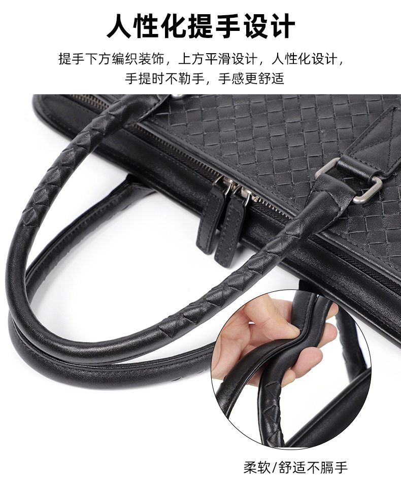 Túi xách nam da bò thật dệt tay cao cấp 40×13×29 cm, túi đeo vai công sở — Màu đen chi tiết 6