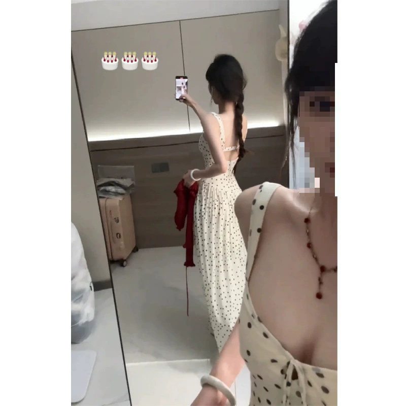 Женский комплект платья-бретельки в горошек Pure Desire во французском стиле, летнее длинное платье со сборками на талии, тонкий трикотажный солнцезащитный топ.