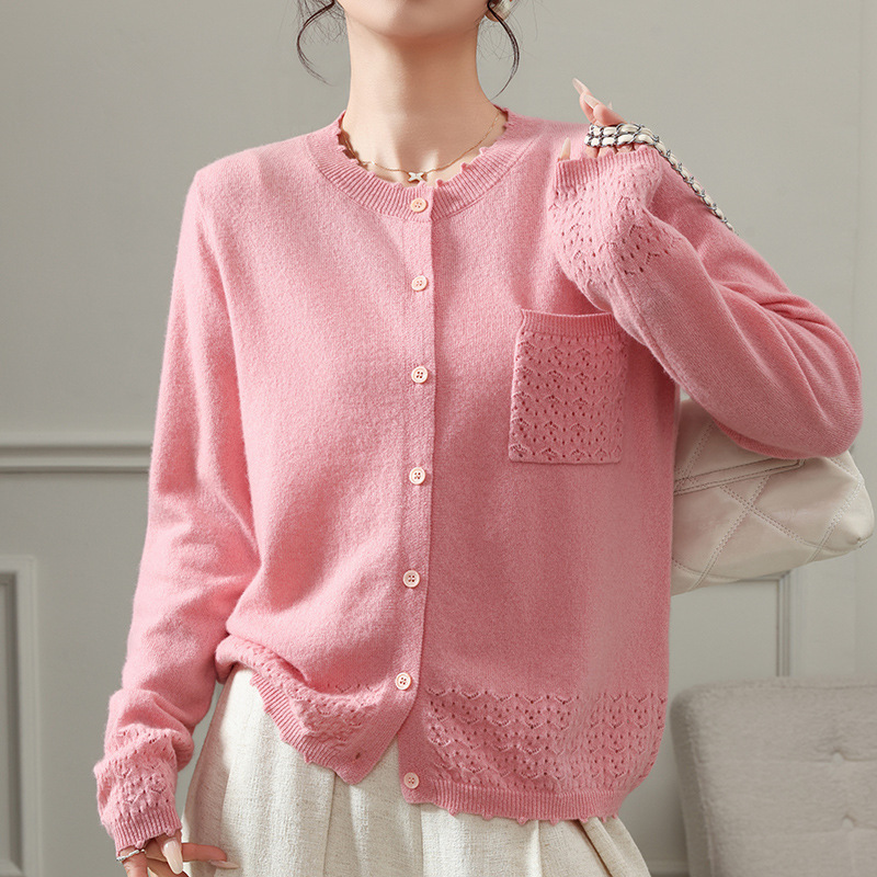 Cashmere Wool Blend Cardigan Women's Round Neck Hollow Crochet Pocket Jacket Spring and Summer New Style Knitted Long-Sleeved Top