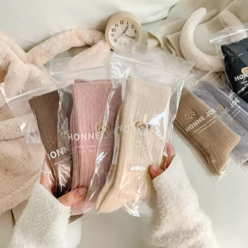 Демисезонные теплые цветные носки, кашемир из шерсти, с вышивкой, с маленькими медведями, средней длины, оптом