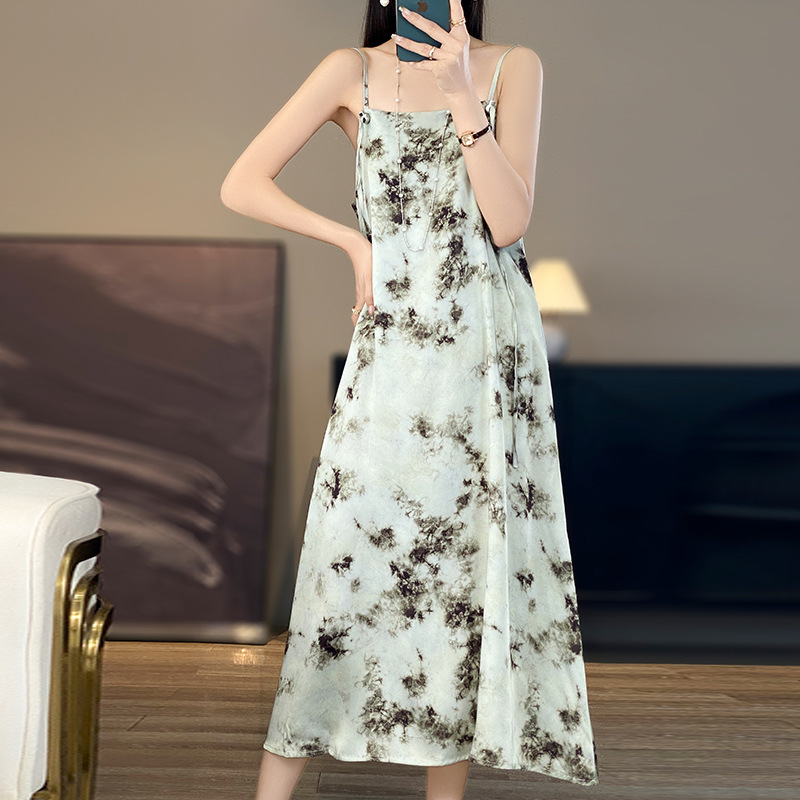 Silk texture spring and summer new women's dress satin acetate long thin shoulder strap jacquard skirt