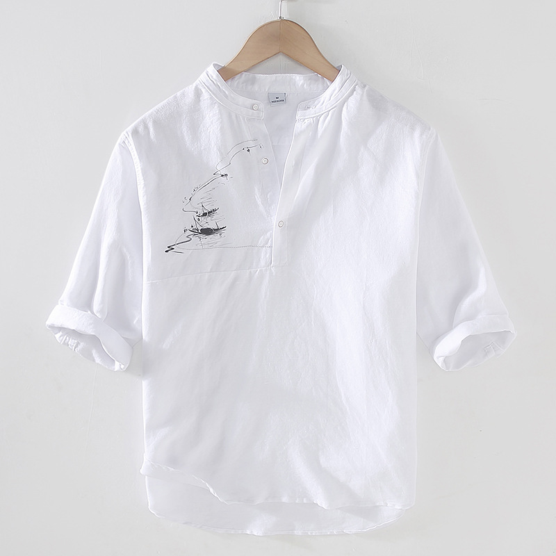 9031 Spring and Summer Men's Mid-Sleeve Shirt Chinese Style Linen Half-Sleeve Stand Collar Shirt Loose Retro Embroidered Thin Style