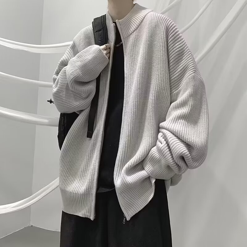 Unisex Zip-Front Knit Sweater – Oversized Drop-Shoulder Cardigan With Stand Collar (Polyester Fleece, Grey/Black, M-3XL)_voghion.com