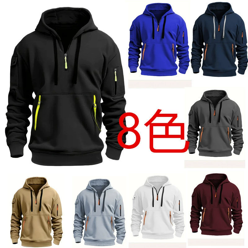 Новый стиль трансграничный мужской бархатный досуг спортивный мульти-молния рука карманы персонализированный свитер пуловер толстовка с капюшоном