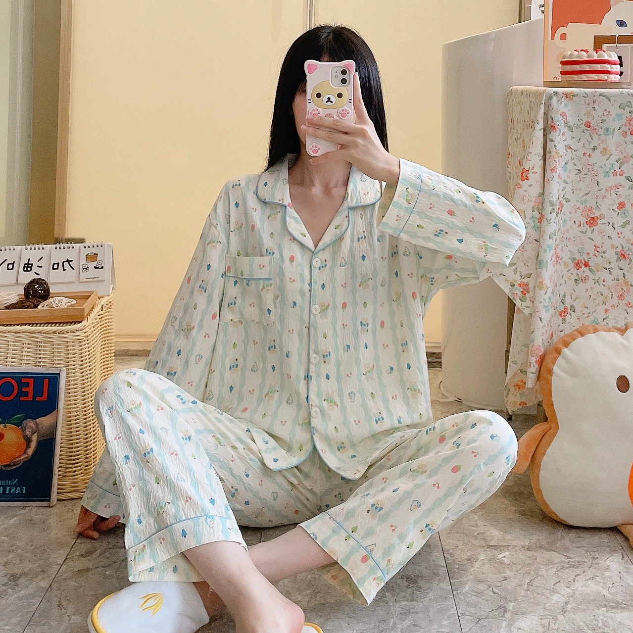 Autumn Cartoon Pajama Set — Long-Sleeve Top, Trousers & Cardigan, Sizes M–XXL, Multi-Color