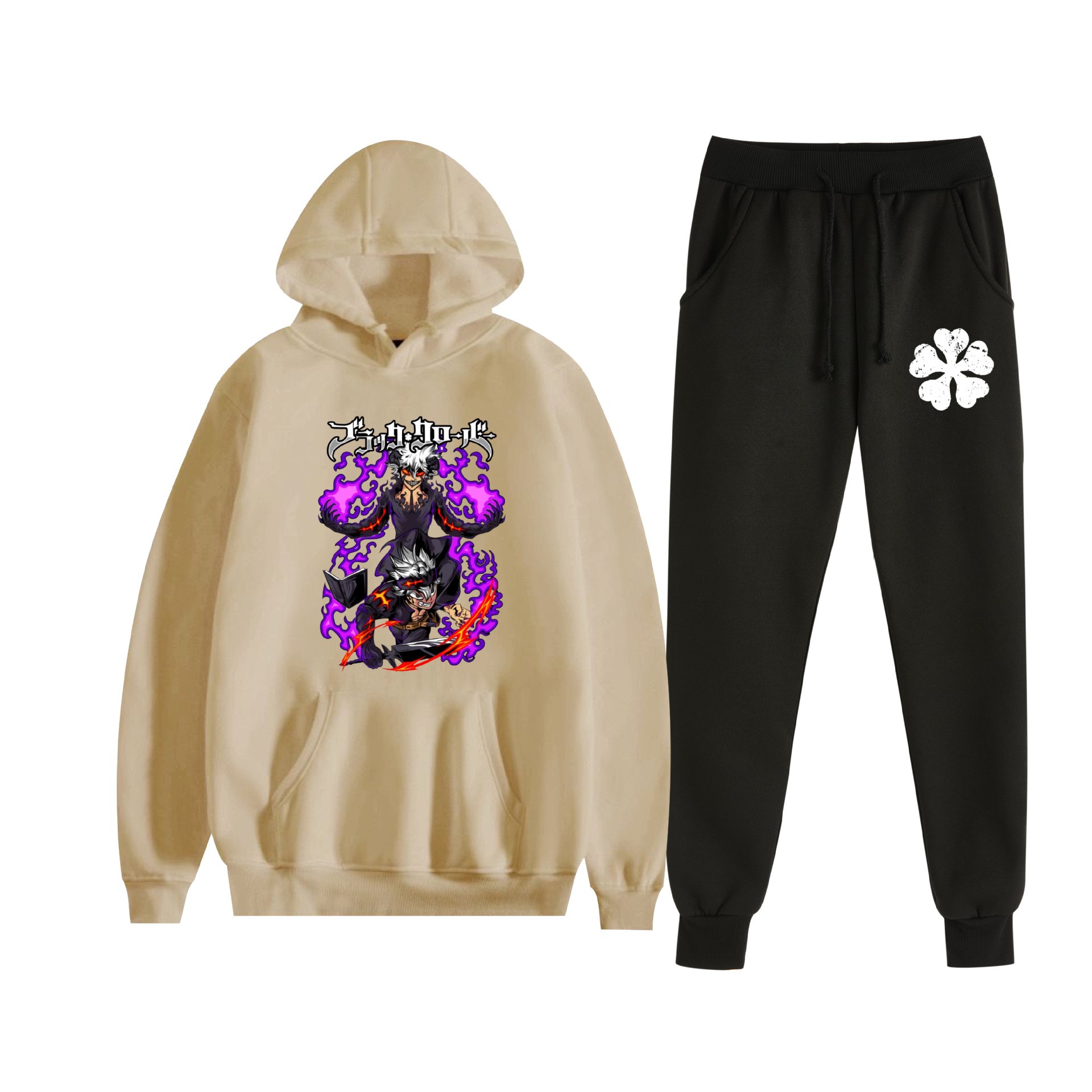 Europa y América otoño e invierno negro trébol de cuatro hojas periférico bidimensional hombres y mujeres deportes de ocio más suéter con capucha de terciopelo traje al por mayor