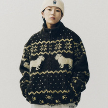 生C 2025冬季新韩国东大门复古休闲立领拉链撞色提花羊羔毛外套女