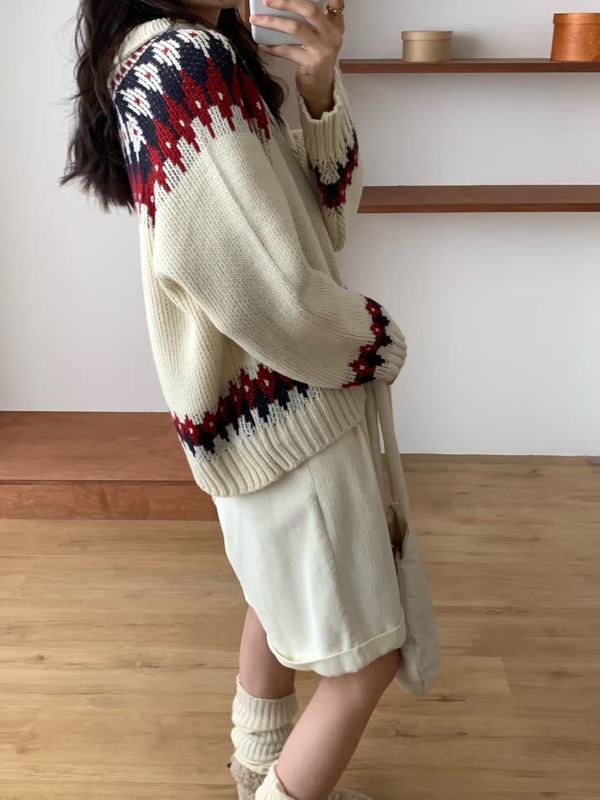 复古文艺费尔岛毛衣外套女减龄少女翻领针织开衫韩版秋冬拉链开衫|undefined