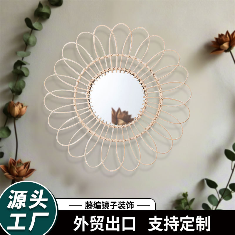 Espejo de ratán nórdico cama y desayuno pared colgante vestidor espejo tejido a mano fotografía arte tiro espejo decorativo