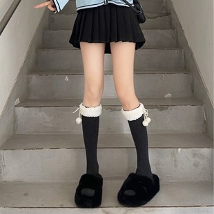 Japanese Style Warm Lamb Fur Ball Shoe Socks Women's Autumn and Winter Thickened White Jk Middle-Barrel Snow Boots Stacked Socks