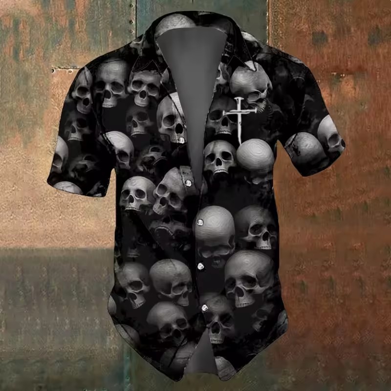 Personalidad Thriller Mist Skull 3D Impresión digital Camisa suelta de manga corta con solapa de botón de la calle de verano para hombres
