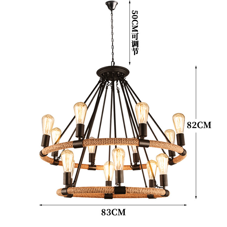Estilo industrial retro americano loft sala de estar comedor cafetería olla caliente tienda de ropa araña de cuerda de cáñamo de hierro forjado redondo