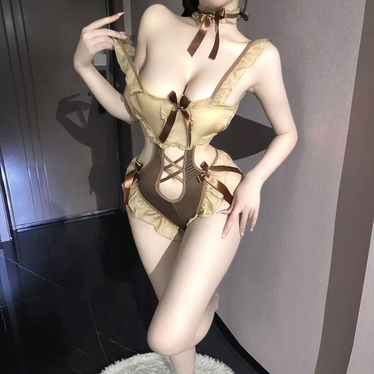 Lace One-Piece Maid Costume with Stockings and Ear Accessory, Polyester Role-Play Set — detail image 5