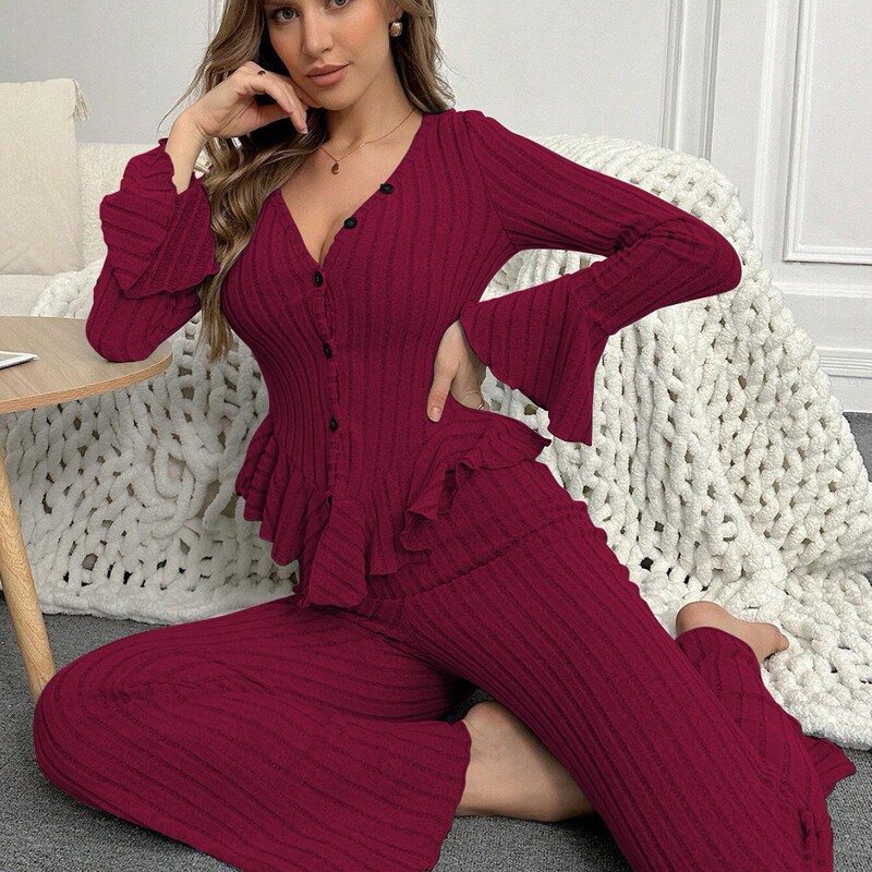 Hot-Selling European and American Cross-Border Women's Pajamas with a Velvet Feel, V-Neck, Long Sleeves, and Long Pants, Suitable for Wearing Outside as Loungewear Hot-Selling European and American Cross-Border Women's Pajamas with a Velvet Feel, V-Neck, Long Sleeves, and Long Pants, Suitable for Wearing Outside as Loungewear