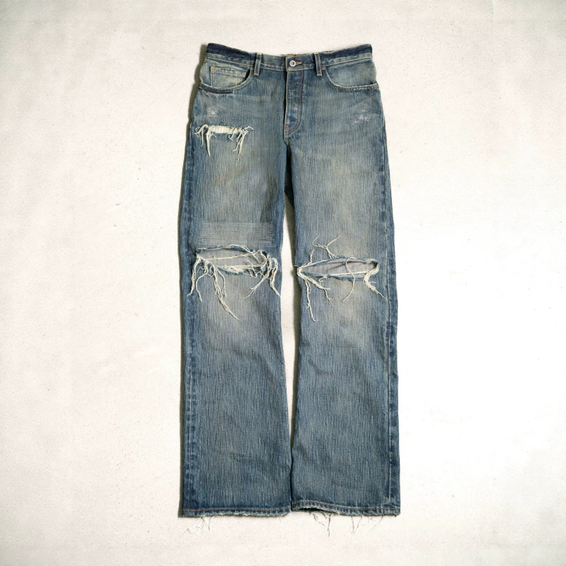 New American retro distressed gradient ripped jeans for men, loose casual washed vintage straight-leg pants