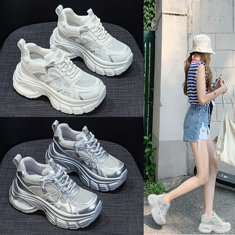 Giày sneaker dad đế dày nữ lưới thoáng khí tăng chiều cao đính đá — M2833 màu be, M2833 màu bạc