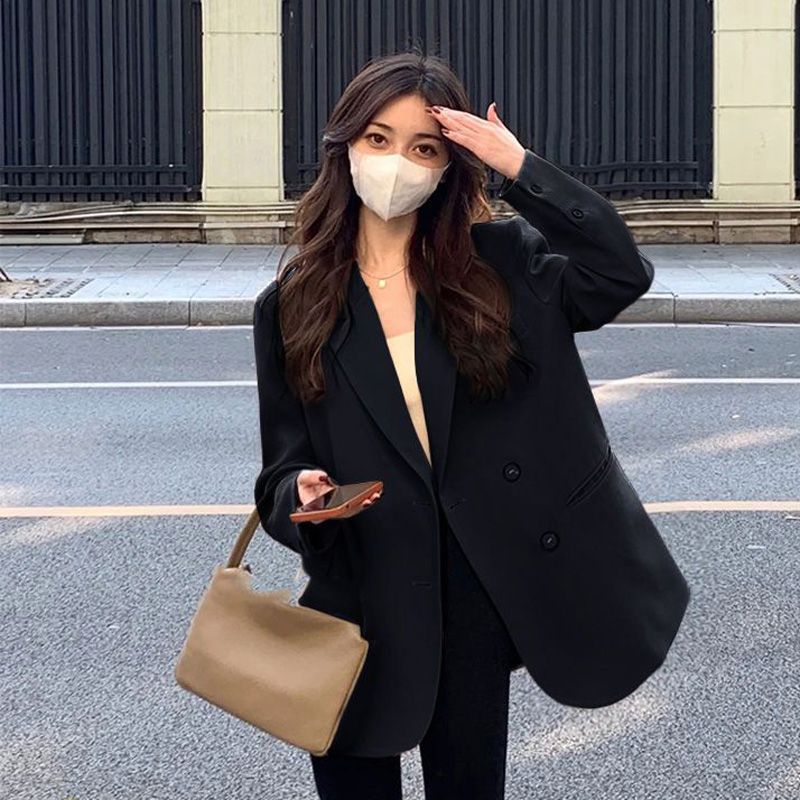 咖啡色西装外套女2025新款韩版双排扣宽松感炸街网红休闲西服潮