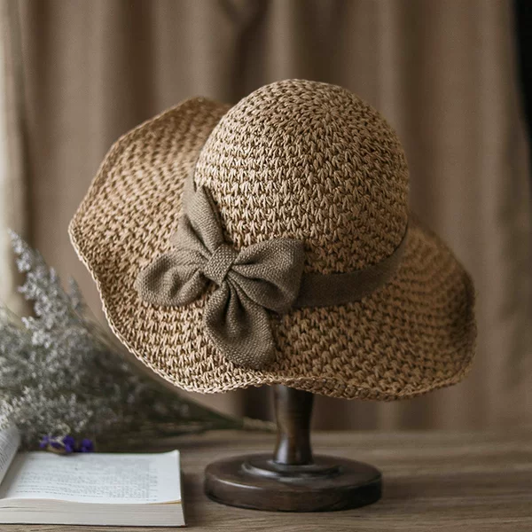 Cross-Border Woven Women's Summer Pure Handmade Straw Hat, Versatile Foldable Wide-Brimmed Sun Protection Casual Dome Sun Hat for Women