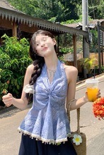 2025夏季新款韩系重工气质V领钉珠扭结短款小个子挂脖吊带背心女