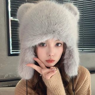 新款小浣熊帽子仿狐狸毛皮草帽加厚保暖护耳帽防风防寒女士雷锋帽