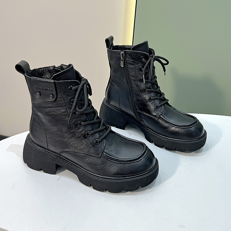 ShoeVault First Layer Cowhide Martin Boots For Women, Autumn And Winter Vintage British Style Casual Short Round Toe Mid-Calf_vogvips.com