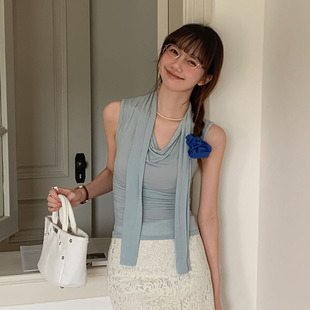 Real Shot # Swing Collar Neck Scarf Short-Sleeved T-Shirt for Women 2025 New Summer Design Unique Waist Sleeveless Top