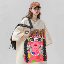 特大码胖mm美式复古嘻哈涂鸦中长款短袖T恤女宽松情侣半袖上衣潮