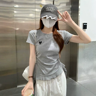 高级感甜酷螺纹220克短袖t恤女装夏季新款飘带蝴蝶结显瘦圆领上衣