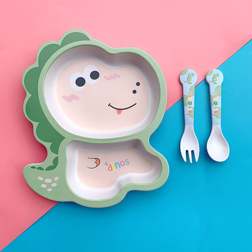 Cute Cartoon Bamboo Fiber Children's Tableware Home Kindergarten Kids Baby Division Dinner Plate Food Bowl Spoon Set