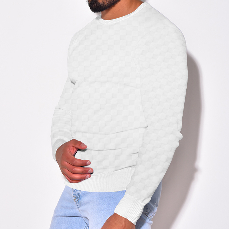 2024 Men's Spring and autumn  men's knitted shirt with jacquard chessboard plaid round neck casual bottom long sleeved top_voghion.com
