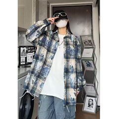 染めの青い格子の長袖のシャツの男性の春秋のタイプのカップルの重いポンドのファッションのブランドのシャツの日系の原宿の風のコート
