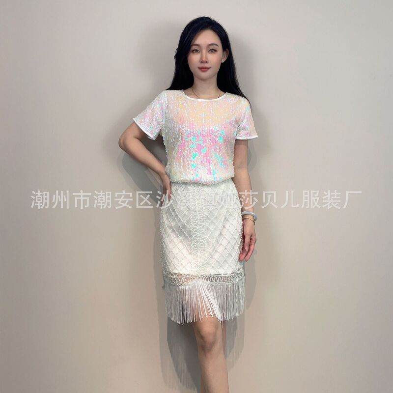 2023 Amazon European and American women's full sequined flash round neck short sleeve summer disco T-shirt