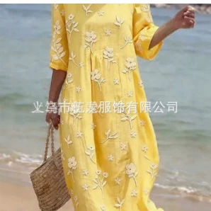 2026-Tr275-(Waist-Cinching) Women's 3D Printed Holiday Style Casual Versatile Round Neck Long Dress