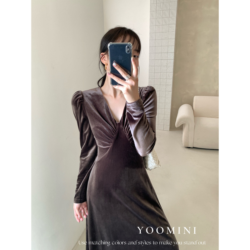 YOOMINI-修身丝绒氛围高级感优雅淑女长裙2025秋连衣裙M16764-SR|undefined