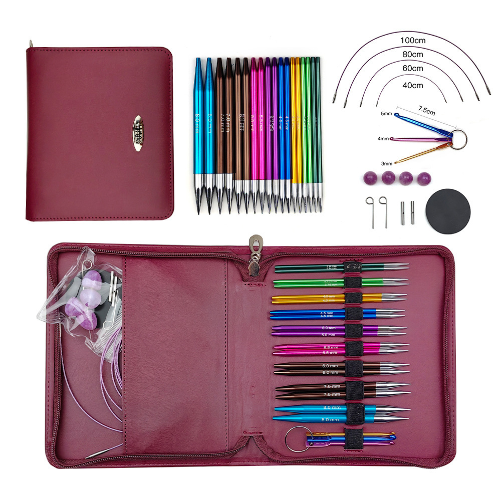 Herramientas de trenzado transfronterizas de alúmina bicolor desmontable aguja circular un conjunto de 9 paquetes de 3.5 - 8.0 mm paquetes de bolsa PU