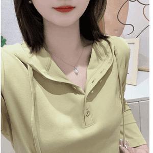 春秋季长袖连帽卫衣洋气时尚休闲百搭显瘦薄款纯色带帽恤极简风|undefined