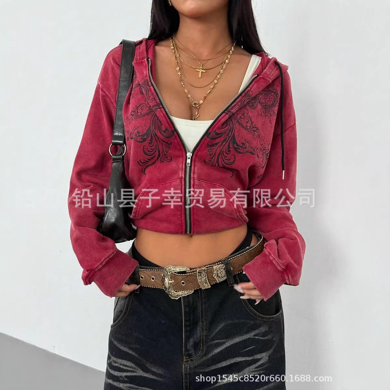Y2K Hot Girl Style Totem Hooded Cardigan Retro Washed Rose Print Loose Sweatshirt Unisex Y2K Hot Girl Style Totem Hooded Cardigan Retro Washed Rose Print Loose Sweatshirt Unisex